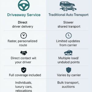 Driveaway Service vs Traditional Auto Transport | Car Driveaway Driveaway service vs traditional auto transport comparison infographic showing benefits of direct driver delivery by Car Driveaway.
